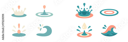 Dynamic collection of abstract water splash, drop, and ripple elements in a modern graphic style for various designs