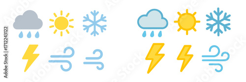 Diverse weather forecast symbols for sun, rain, snow, wind, and lightning conditions across various climates