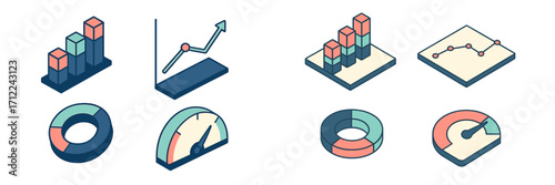 Isometric business data visualization elements featuring various charts graphs and gauges for analytics reporting