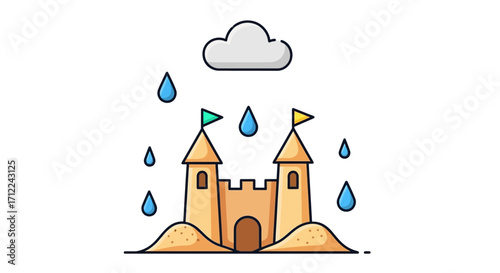 Sandcastle with rain falling from a cloud.