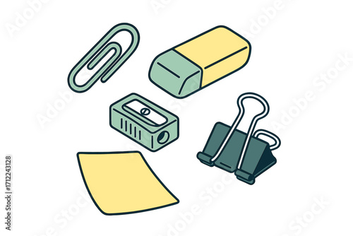 Assortment of essential office supplies including paper clip eraser sharpener binder clip and sticky note