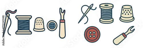 Collection of essential sewing tools and haberdashery items including needles, thread, thimbles, buttons, and seam rippers