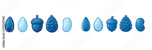 Blue stylized nature element icons with seeds, acorns, pinecones, and water drops