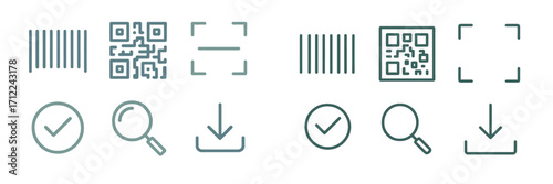 Collection of modern digital interface symbols featuring barcode, QR code, scanner, checkmark, search, and download functions