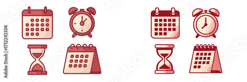 Digital icons for time, scheduling, and deadlines including calendars, alarm clocks, and hourglasses