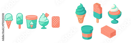 Delicious sweet frozen desserts featuring ice cream cones, popsicles, sundaes, tubs, and waffle snacks