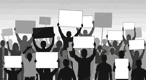 Silhouettes of Diverse Crowd Holding Blank Protest Signs Activism Demonstration Vector