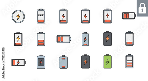 Set of Colorful Battery Charge Level Indicator Icons.