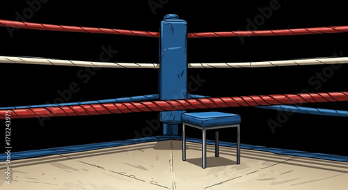 Illustration of Boxing Ring Corner with Ropes Post and Stool Viewed from Inside Vector