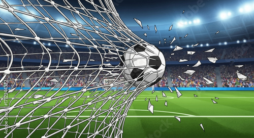 Action Illustration of Soccer Ball Ripping Through Net with Dynamic Energy Vector