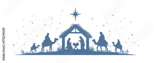 Silhouette of nativity scene with three wise men and bright star above
