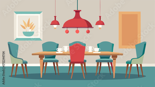 A dining room with a mix of vintage and modern chairs around a sleek table with a vintageinspired chandelier hanging above.