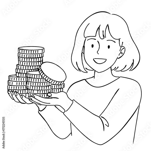 たくさんのコインを両手で持って喜んでいる若い女性のおしゃれな線画アイコンベクターイラスト / お金 / ポイント/ ラインアート
