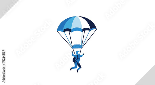 Skydiver with a blue parachute descending through the air.