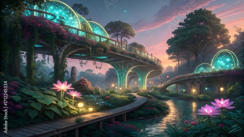 Stunning glowing bridges and lush gardens in a fantasy landscape