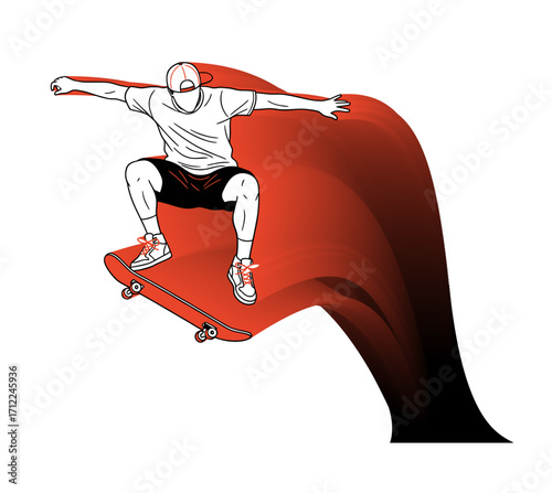 skateboarder jumping in the air illustration, guy on skateboard jumping in mid-air silhouette.