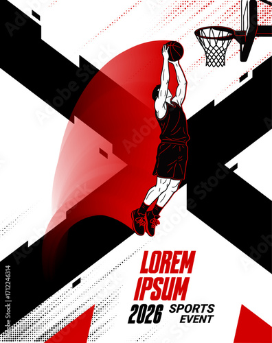 A graphic illustration poster of a basketball player in mid-air, executing a powerful dunk towards the hoop.