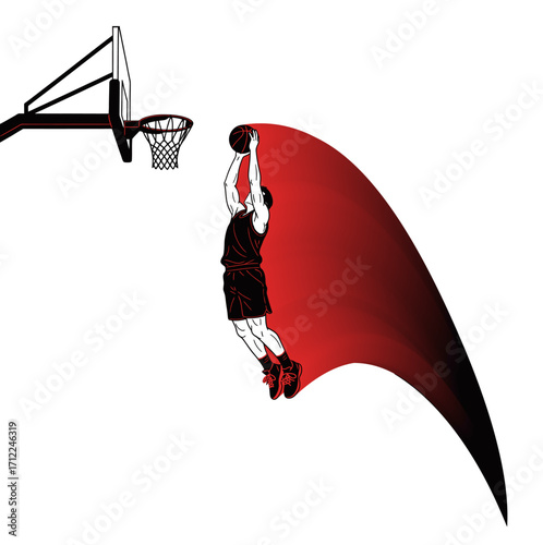 Basketball Dunk: A dynamic illustration captures the thrilling moment of a basketball player soaring through the air to execute a powerful dunk, showcasing athleticism, skill.