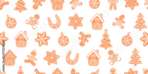Vector pattern for gingerbread houses, trees, snowflakes, Christmas tree baubles, horseshoes, and cookie men. Festive seamless background for packaging, textiles, cards, backdrops and crafts