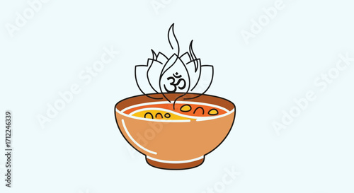 Spiritual bowl of soup with a sacred lotus and Om symbol.