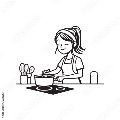 
Black and White Vector Illustration of a Smiling Woman Cooking in Kitchen with Apron and Headband