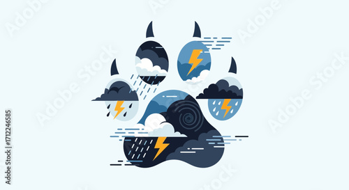 Stormy Weather Icons Contained within a Wild Animal Paw Print.