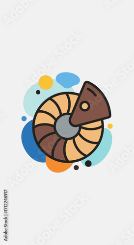 Stylized ammonite fossil with a missing piece.