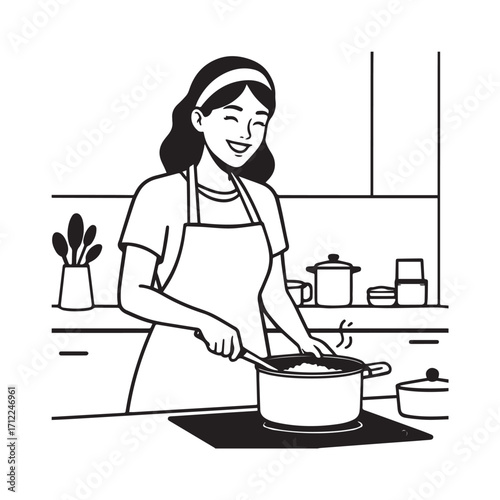 
Black and White Vector Illustration of a Smiling Woman Cooking in Kitchen with Apron and Headband