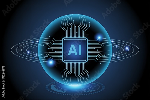 Wallpaper Mural Futuristic blue ai technology concept depicting artificial intelligence integration in digital spheres and circuitry networks. Torontodigital.ca