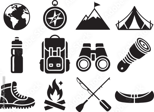 Explore adventure travel icons for outdoor exploration