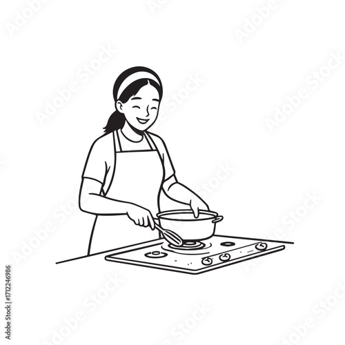 
Black and White Vector Illustration of a Smiling Woman Cooking in Kitchen with Apron and Headband