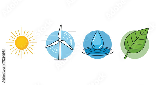 Set of Four Renewable Energy Icons Solar, Wind, Hydro, and Biofuel Vector Illustration