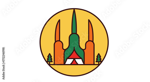 Stylized Asian Temple Pagoda Icon in a Circle.