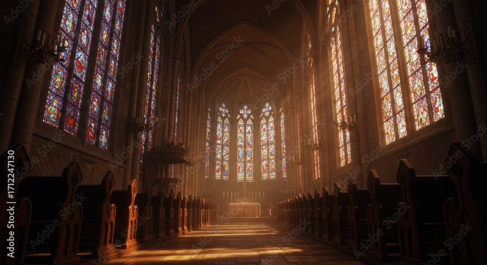 Fototapeta premium Hyperreal Gothic cathedral interior with stained glass, golden light, arches, pews, altar, rich atmospheric detail. 