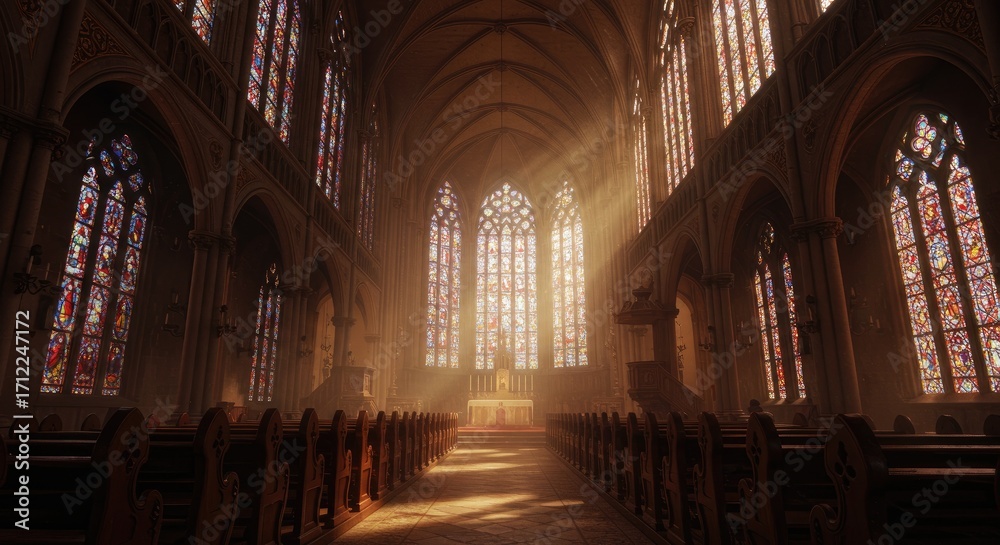 Obraz premium Hyperreal Gothic cathedral interior with stained glass, golden light, arches, pews, altar, rich atmospheric detail.