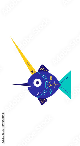 Stylized Blue Fish with Golden Horn.