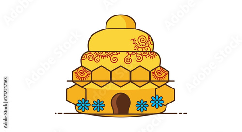 Stylized Beehive with Honeycomb and Flowers.
