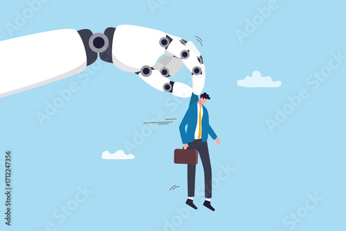 AI Artificial Intelligence to replace human job, lay off or fired employee using AI substitution, innovation or tech evolution, robot hand push away human to replaced with AI artificial Intelligence.