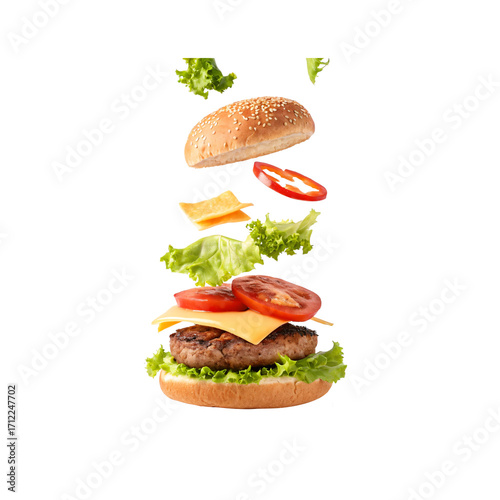 Delicious flying burger with layers of beef patty, cheese, lettuce, tomato, onion, and bun floating in mid-air, isolated on a transparent background, high-quality PNG image perfect for food 