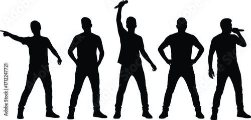 Silhouette singers with microphones performing on stage music concert entertainment vector illustration isolated on white background expressive poses and dynamic gestures