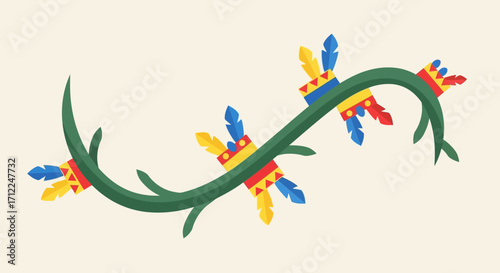 Stylized green vine with colorful Aztec feathered ornaments.