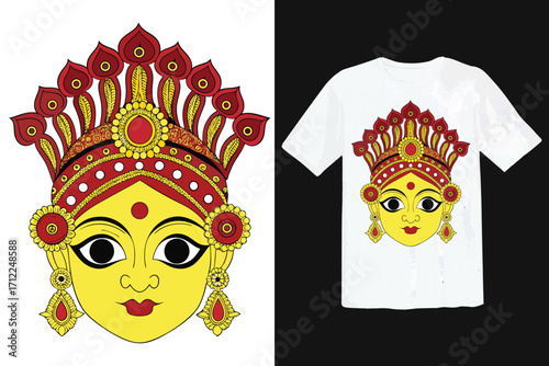 Yellow face goddess with red and gold headdress on white t-shirt