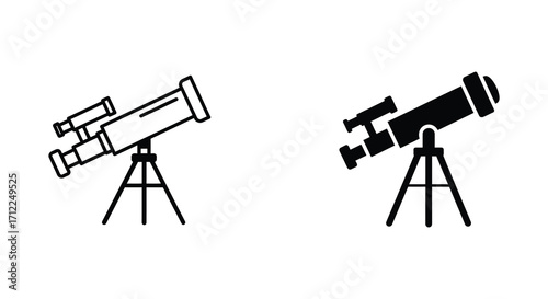 Two black and white illustrations of telescopes on tripods are shown