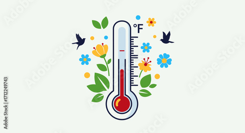 Thermometer with Flowers and Birds Illustrating Temperature and Nature.