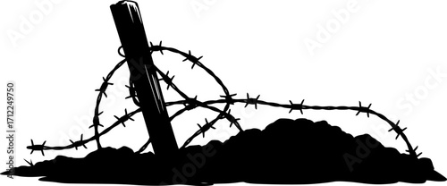 Silhouette of barbed wire and wooden stake on the ground. trench war elements vector background.
