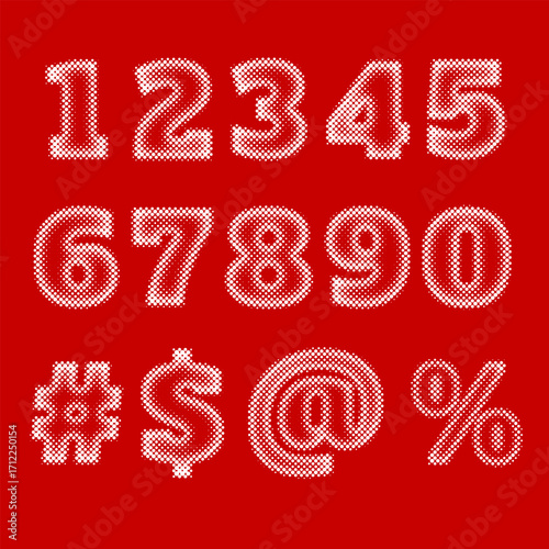 White halftone numbers set and symbols on a red background