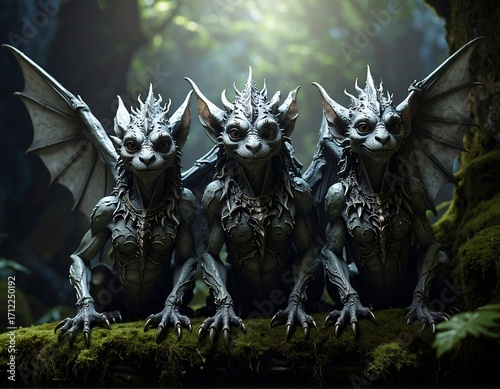Three fantasy creatures in a forest setting