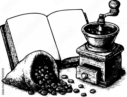 Retro Line Art Coffee Grinder with Beans Vector Sketch