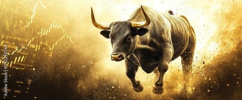 A powerful bull charging forward, symbolizing the stock market's rising trend with charts and graphs in the background. The golden backdrop adds to its grandeur.