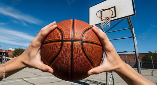 POV of hands gripping basketball about to shoot into hoop, urban outdoor court, clear blue sky.

